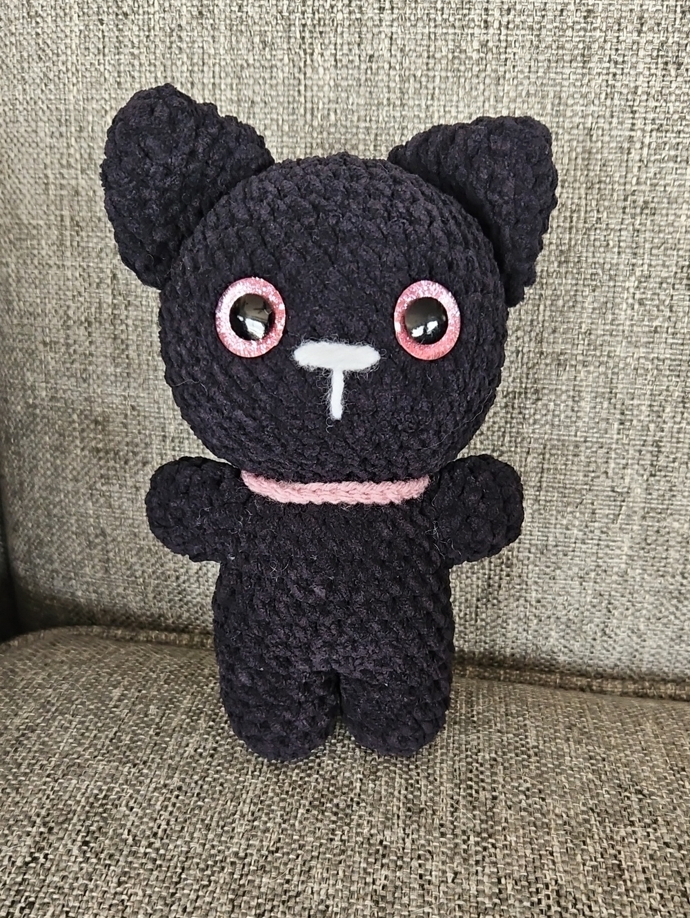 Black Cat Amigurumi Animal with Pink Accents - Handmade